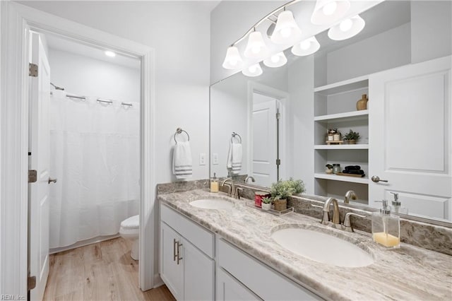 bathroom with wood-type flooring, vanity, and toilet