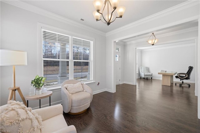 living area with crown molding, a chandelier, and dark hardwood / wood-style floors