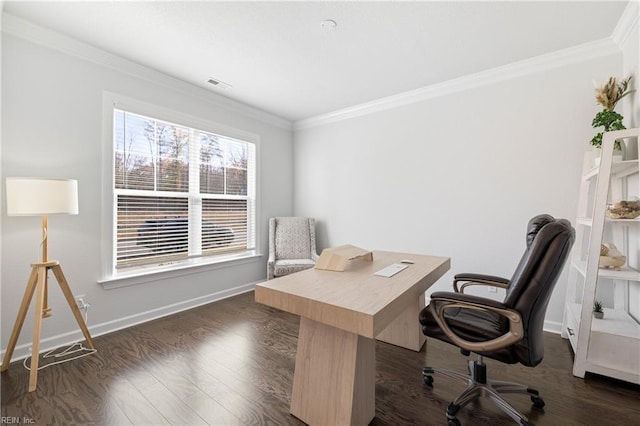 office area featuring dark hardwood / wood-style floors and ornamental molding