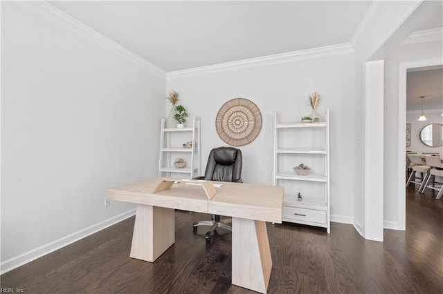 home office featuring dark hardwood / wood-style floors and ornamental molding