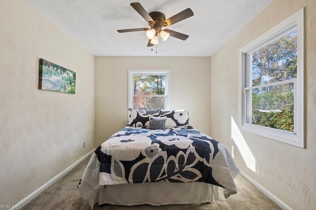 bedroom featuring carpet floors and ceiling fan