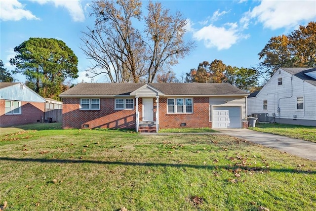 view of front of house with central AC, a front lawn, and a garage