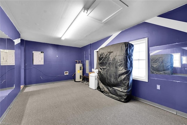 recreation room featuring carpet and water heater