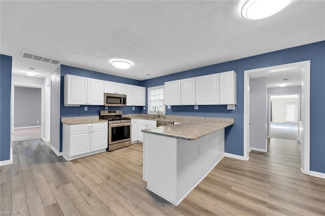 kitchen with sink, kitchen peninsula, light hardwood / wood-style floors, white cabinets, and appliances with stainless steel finishes