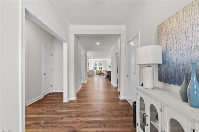 hall with crown molding and dark hardwood / wood-style flooring