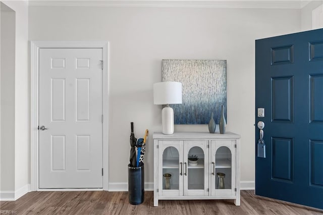 foyer entrance featuring wood-type flooring and ornamental molding