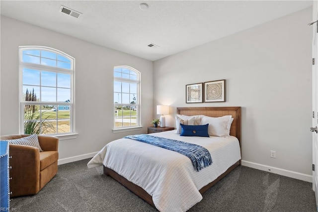 bedroom with dark carpet