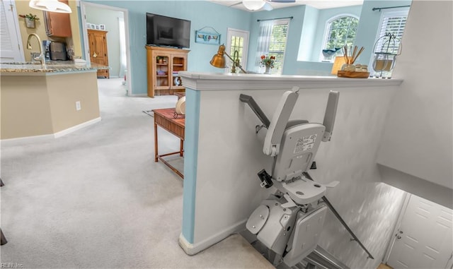 interior space with carpet flooring, ceiling fan, and sink