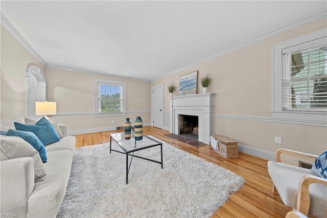 living room featuring crown molding and hardwood / wood-style floors