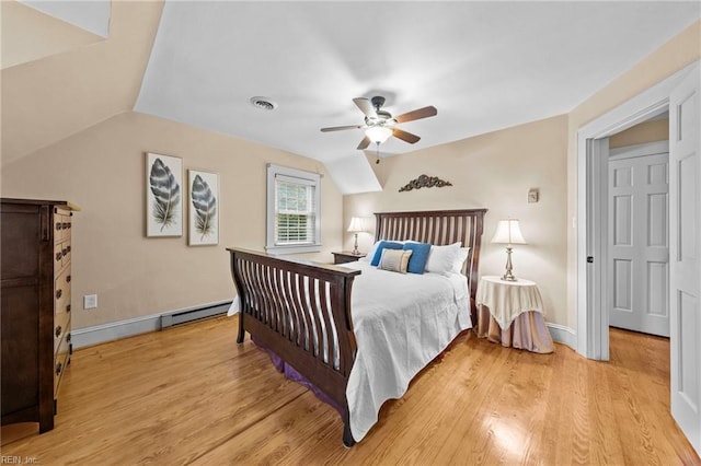 bedroom featuring ceiling fan, light hardwood / wood-style flooring, a baseboard radiator, and lofted ceiling