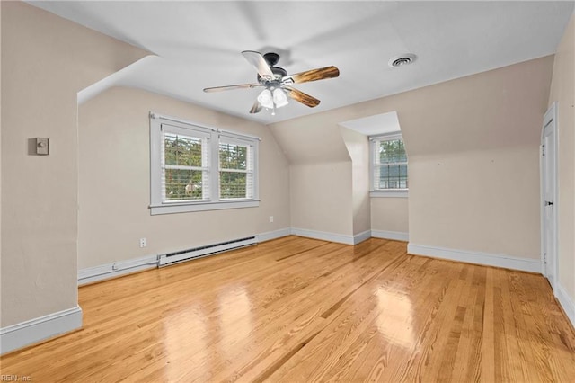 bonus room with light hardwood / wood-style flooring, vaulted ceiling, plenty of natural light, and ceiling fan