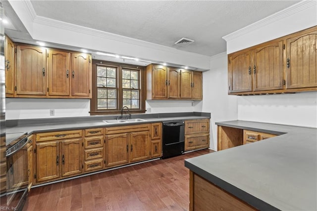 kitchen with crown molding, black dishwasher, dark hardwood / wood-style flooring, and sink