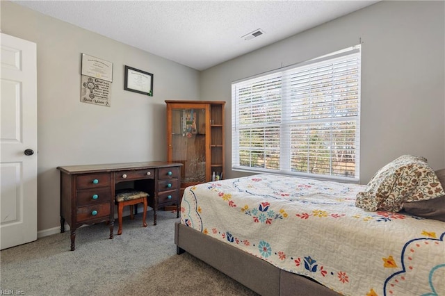 carpeted bedroom with a textured ceiling