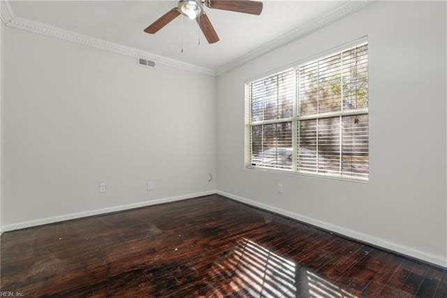 empty room featuring hardwood / wood-style flooring, ceiling fan, and ornamental molding