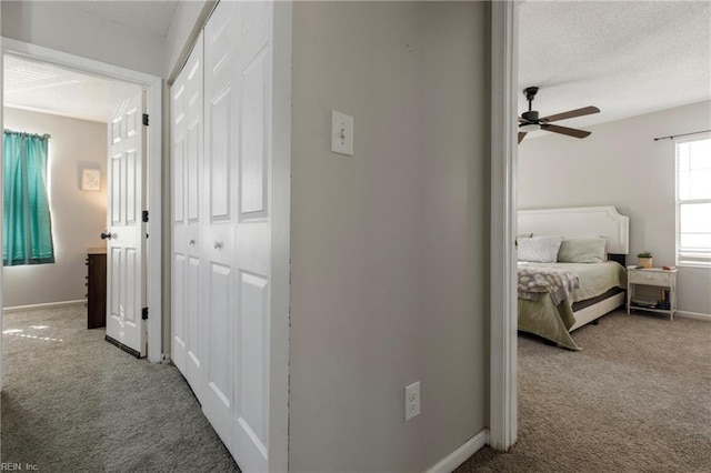 corridor with carpet and a textured ceiling