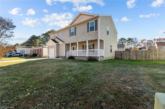 view of front of property with a porch and a front lawn