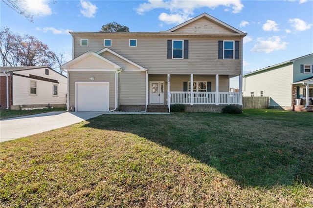 view of front of home featuring a porch, a front yard, and a garage