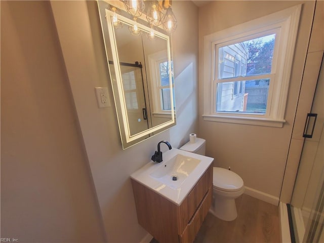 bathroom with hardwood / wood-style floors, vanity, and toilet