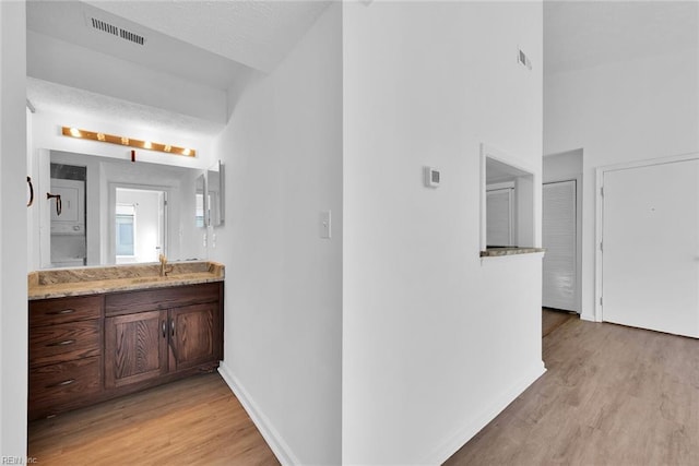 bathroom with hardwood / wood-style flooring and vanity