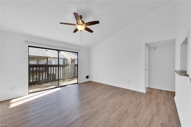 unfurnished living room with light hardwood / wood-style floors, ceiling fan, and lofted ceiling