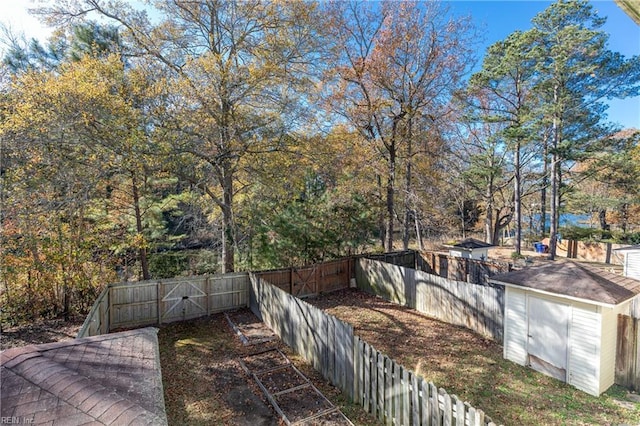 view of yard with a storage shed