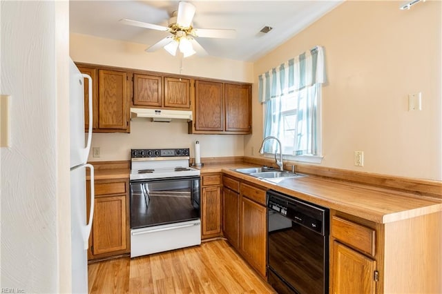 kitchen featuring ceiling fan, sink, white appliances, and light wood-type flooring