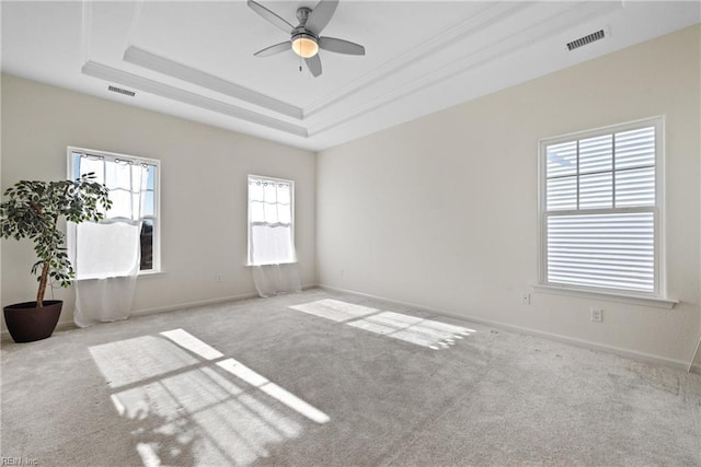 spare room with a tray ceiling, a wealth of natural light, ceiling fan, and light carpet