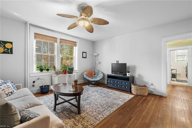 living room with radiator, ceiling fan, and hardwood / wood-style floors