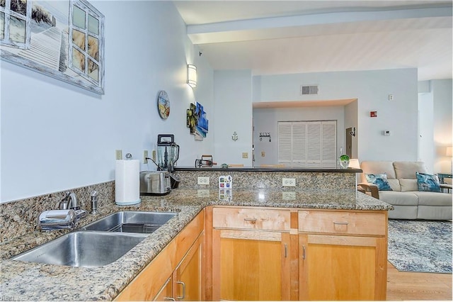 kitchen featuring stone countertops, light hardwood / wood-style flooring, and sink