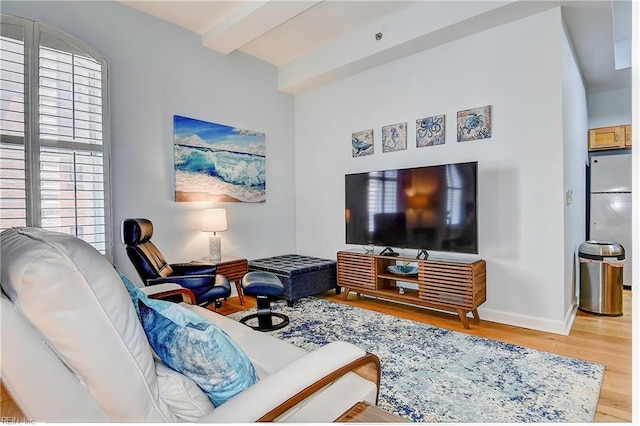 living room with beam ceiling and wood-type flooring