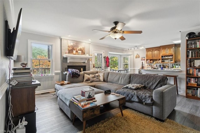 living room with light wood-type flooring, crown molding, a wealth of natural light, and a brick fireplace