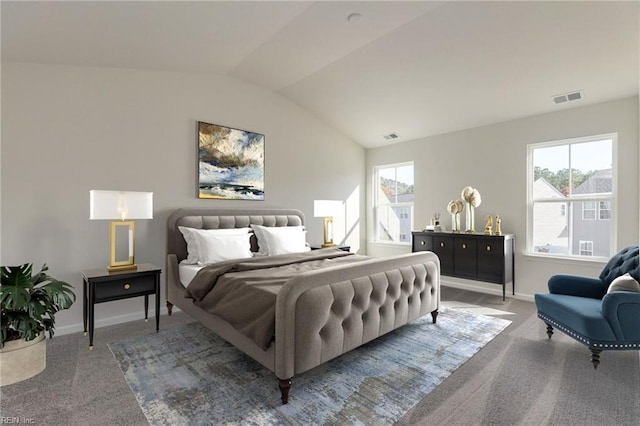 carpeted bedroom with lofted ceiling