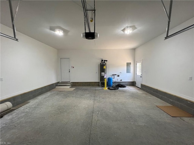 garage with electric panel, gas water heater, and a garage door opener