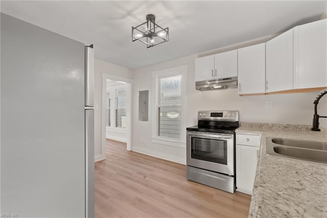 kitchen with light stone countertops, white cabinetry, sink, light hardwood / wood-style floors, and appliances with stainless steel finishes