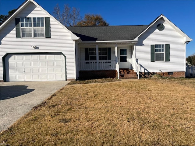 view of front of property with a front lawn, a porch, and a garage