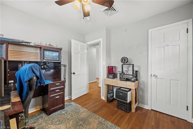 home office with hardwood / wood-style flooring and ceiling fan