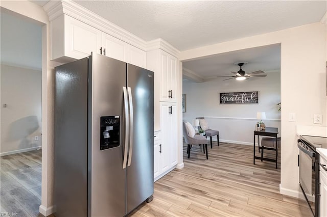 kitchen featuring stainless steel refrigerator with ice dispenser, light wood-type flooring, ceiling fan, white cabinets, and black electric range oven