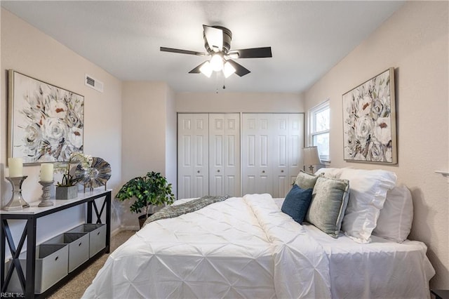 bedroom featuring carpet flooring and ceiling fan