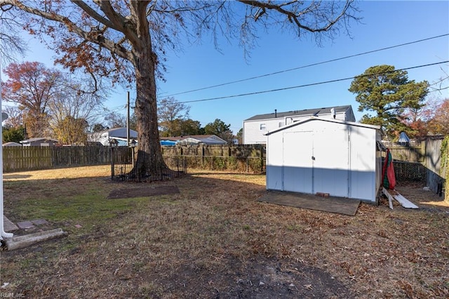 view of yard featuring a storage shed