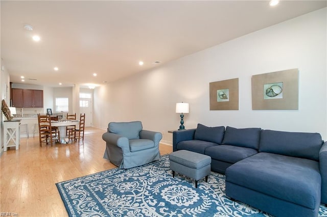 living room featuring light hardwood / wood-style floors and sink