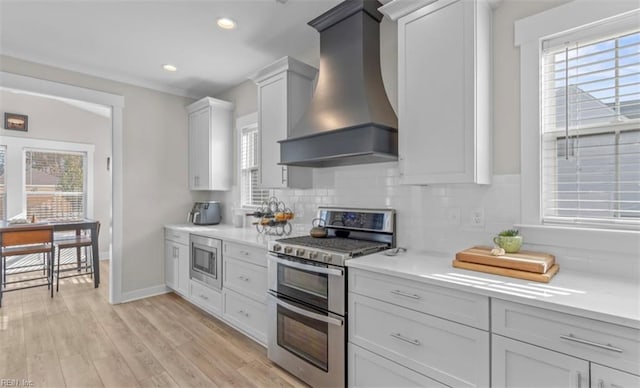 kitchen featuring light wood-type flooring, stainless steel appliances, premium range hood, and a healthy amount of sunlight