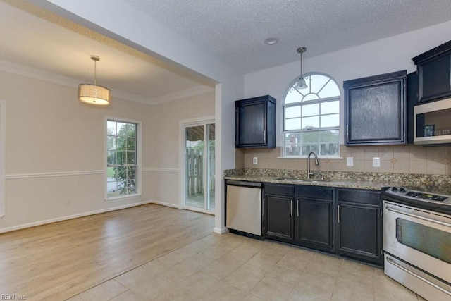 kitchen featuring appliances with stainless steel finishes, tasteful backsplash, a wealth of natural light, and sink