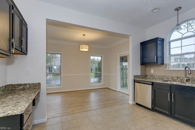 kitchen with dishwasher, a healthy amount of sunlight, hanging light fixtures, and light hardwood / wood-style flooring