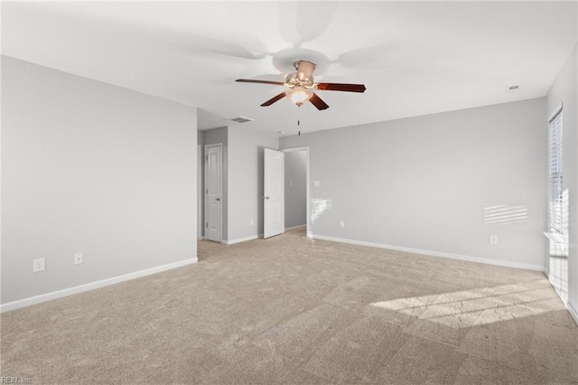 unfurnished bedroom with light carpet and ceiling fan