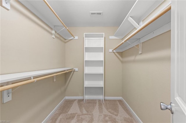 walk in closet with light carpet