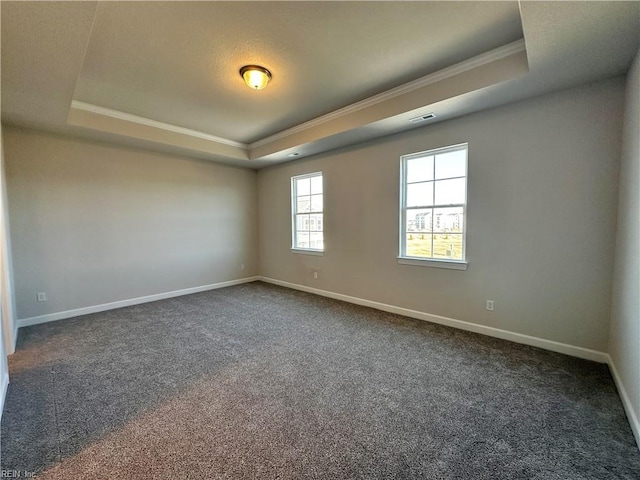 carpeted spare room with a tray ceiling and ornamental molding