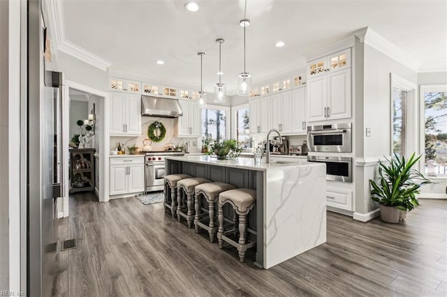 kitchen featuring a wealth of natural light, white cabinetry, extractor fan, and appliances with stainless steel finishes