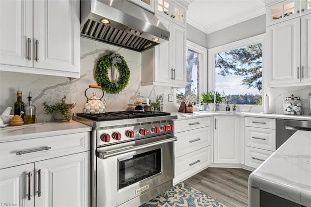 kitchen with exhaust hood, crown molding, light hardwood / wood-style floors, white cabinetry, and stainless steel appliances