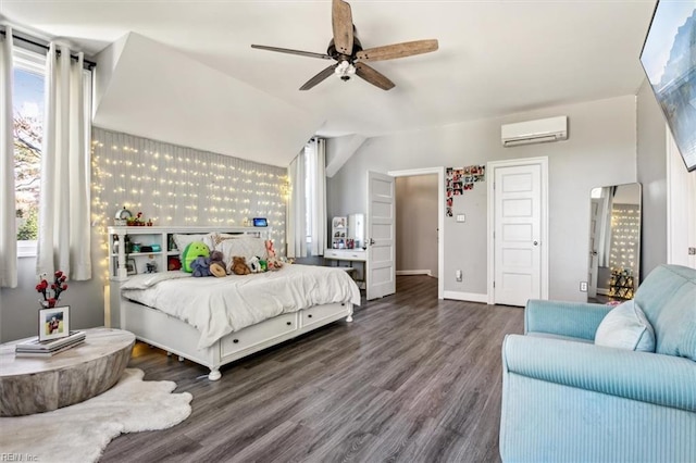 bedroom featuring multiple windows, ceiling fan, a wall mounted AC, and hardwood / wood-style flooring