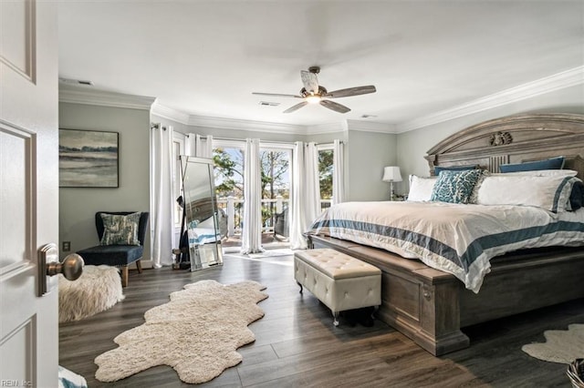 bedroom featuring ceiling fan, access to exterior, dark wood-type flooring, and crown molding